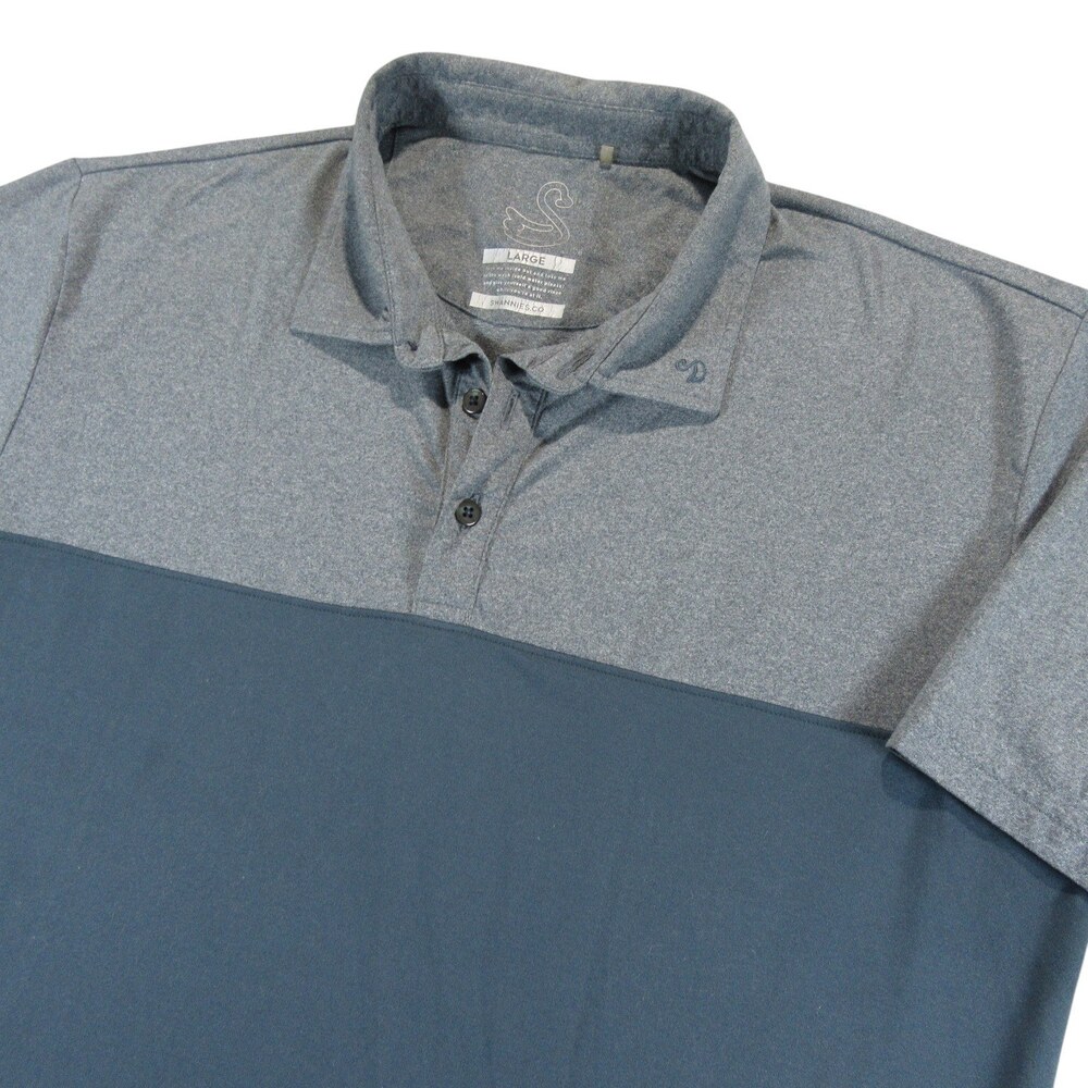 Swannies Mens Polo Shirt L Dark Gray Blue Colorblock Polyester Logo Short Sleeve